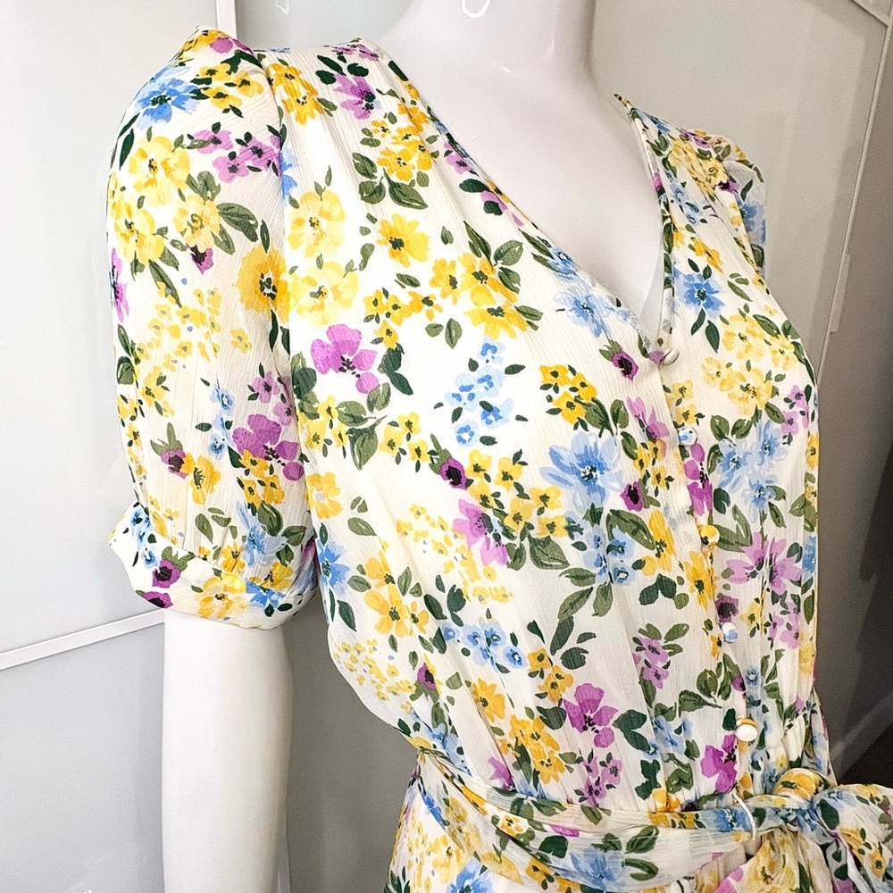 🎀 CALVIN KLEIN Romantic Floral Spring Midi Dress Puff Sleeve Ruffle Hem Sz 6 - Picture 5 of 9